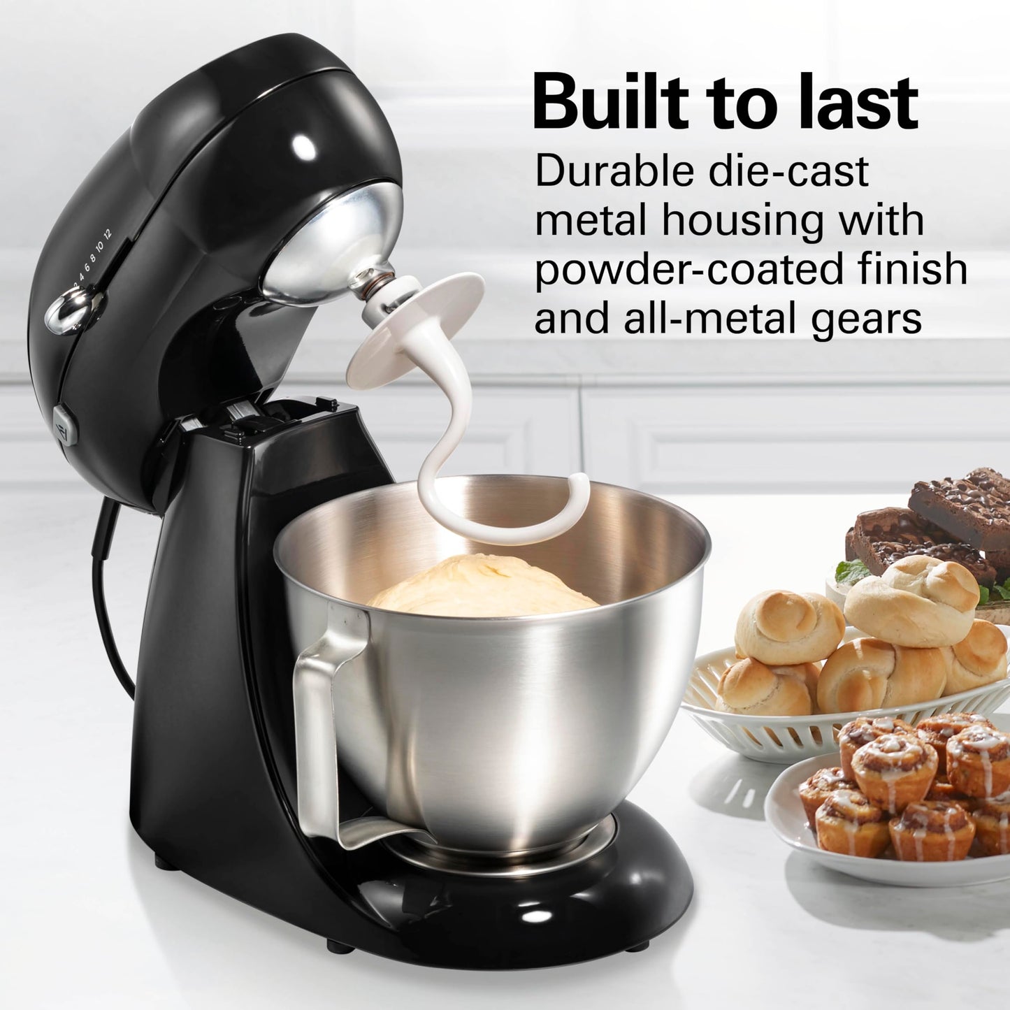 Hamilton Beach 4.5QT stand mixer, 12 speeds, stainless bowl, includes beater, whisk and dough hook, black
