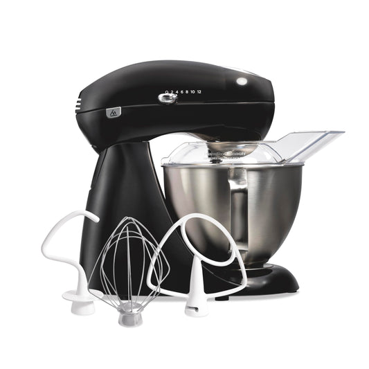 Hamilton Beach 4.5QT stand mixer, 12 speeds, stainless bowl, includes beater, whisk and dough hook, black