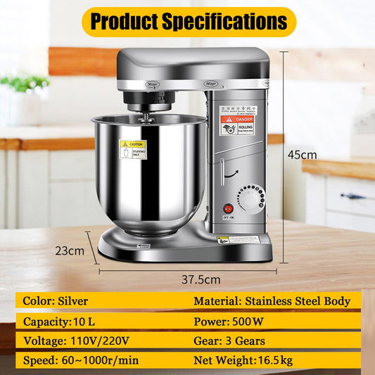 Commercial 5L/7L/10L stand mixer, stainless steel bowl, electric mixer for bakery, pizza and restaurant use, silver