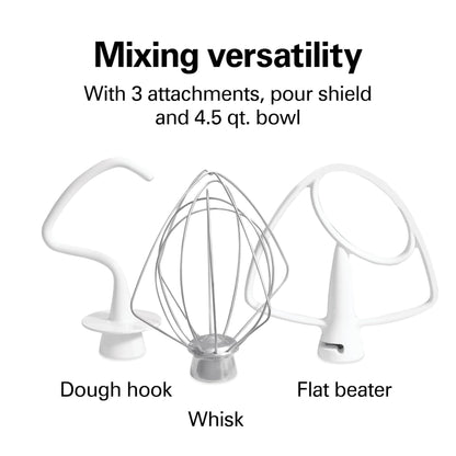 Hamilton Beach 4.5QT stand mixer, 12 speeds, stainless bowl, includes beater, whisk and dough hook, black