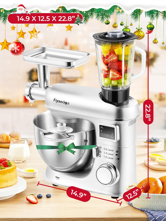 Flyseago 8.5QT 2000W stand mixer, 8-in-1 multifunction, includes meat grinder and attachments, stainless bowl