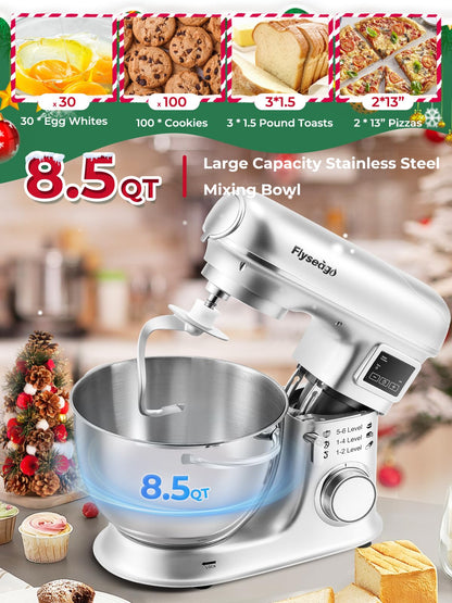 Flyseago 8.5QT 2000W stand mixer, 8-in-1 multifunction, includes meat grinder and attachments, stainless bowl