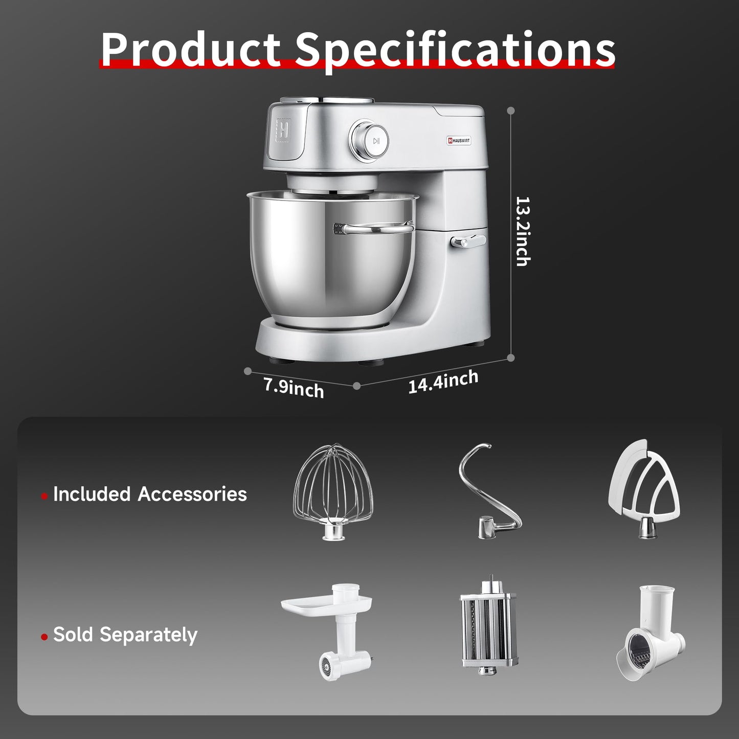 Hauswirt 6QT XL stand mixer, LED touch screen, 11 speeds, full metal structure, for dough, cake and bread
