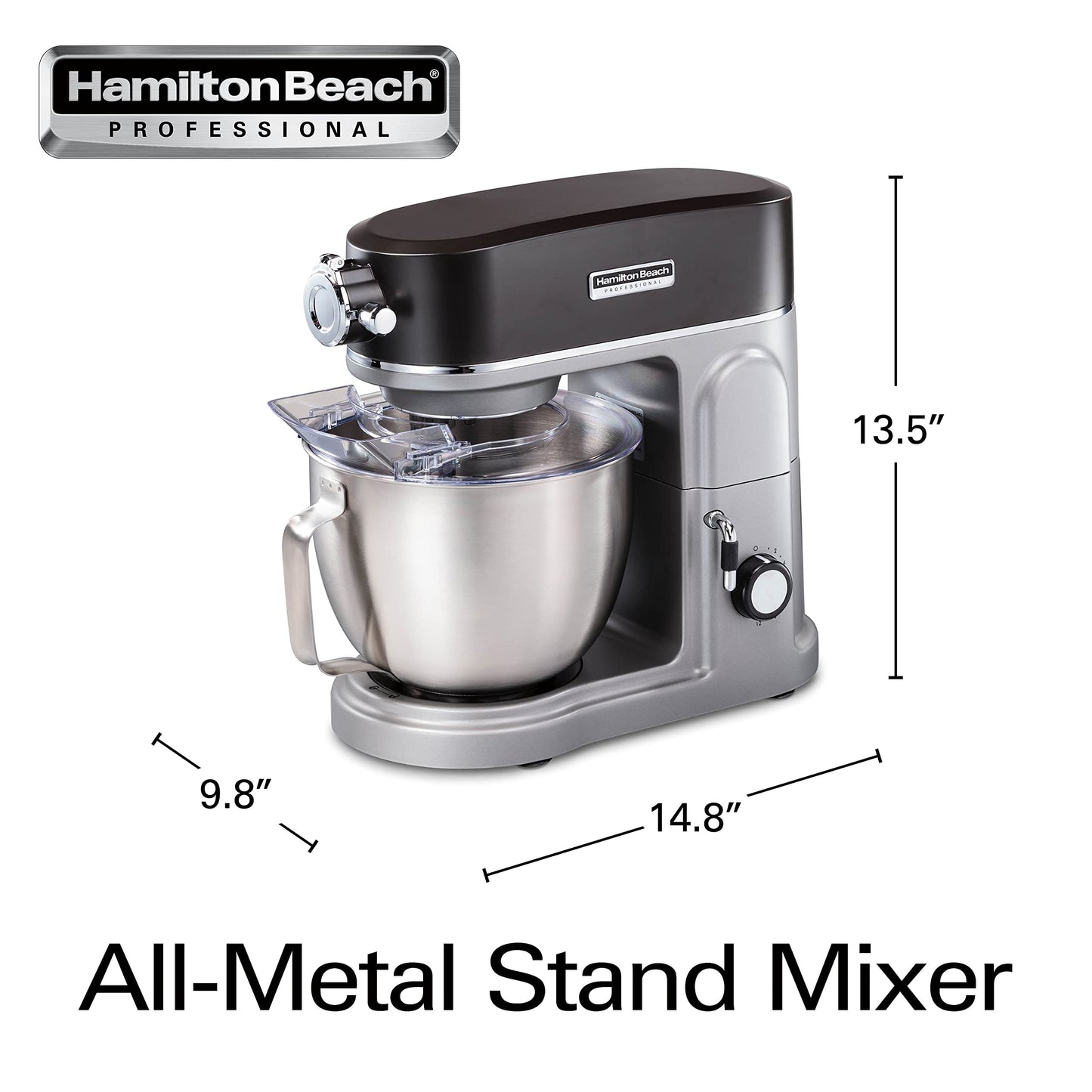 Hamilton Beach Professional 5QT all-metal stand mixer, 12 speeds, attachment hub, includes beater and dough hook