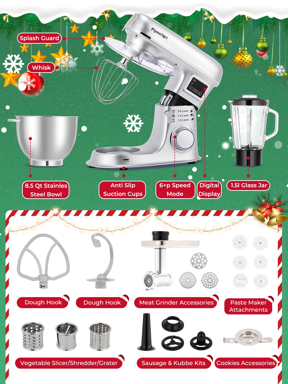 Flyseago 8.5QT 2000W stand mixer, 8-in-1 multifunction, includes meat grinder and attachments, stainless bowl