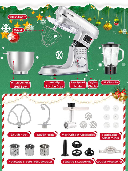 Flyseago 8.5QT 2000W stand mixer, 8-in-1 multifunction, includes meat grinder and attachments, stainless bowl