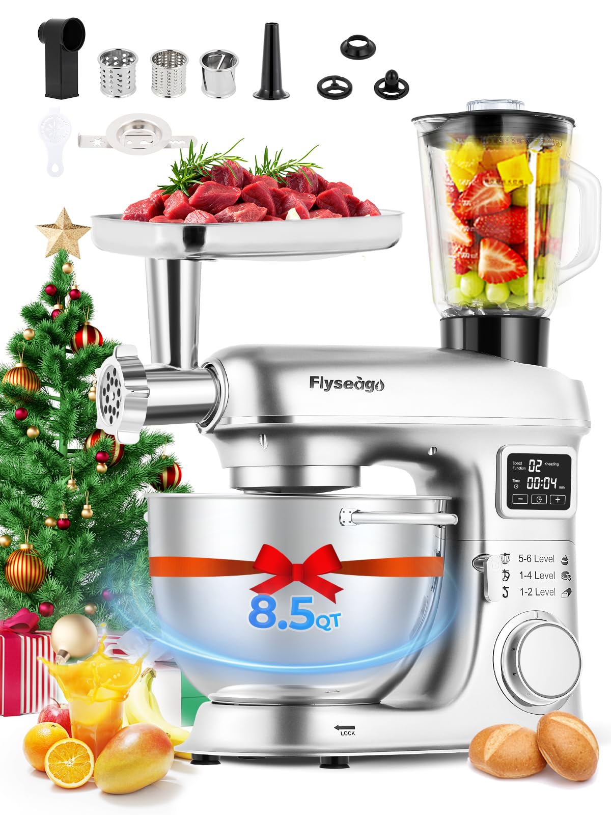 Flyseago 8.5QT 2000W stand mixer, 8-in-1 multifunction, includes meat grinder and attachments, stainless bowl