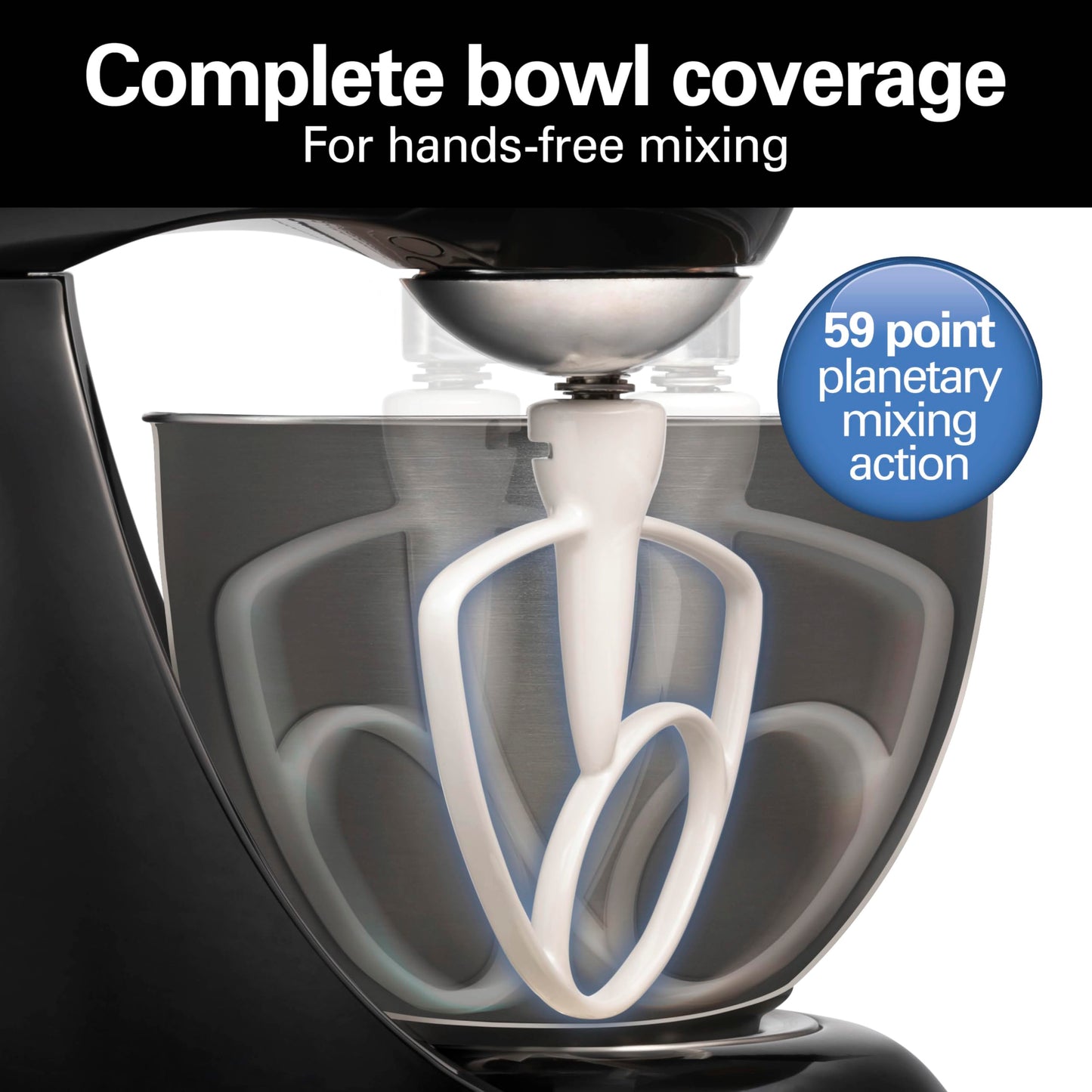 Hamilton Beach 4.5QT stand mixer, 12 speeds, stainless bowl, includes beater, whisk and dough hook, black