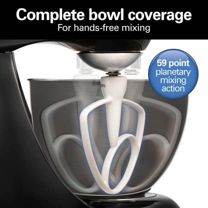 Hamilton Beach 4.5QT stand mixer, 12 speeds, stainless bowl, includes beater, whisk and dough hook, black