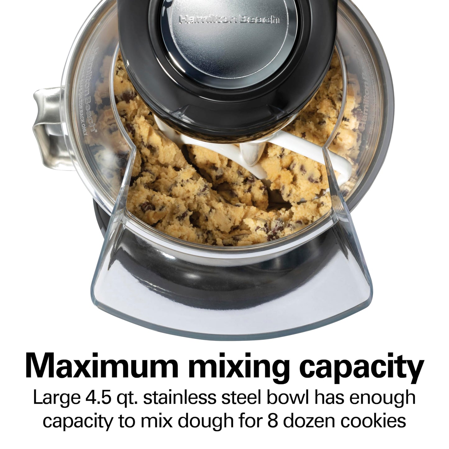 Hamilton Beach 4.5QT stand mixer, 12 speeds, stainless bowl, includes beater, whisk and dough hook, black