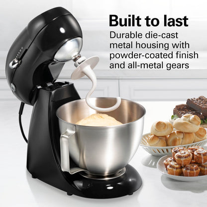 Hamilton Beach 4.5QT stand mixer, 12 speeds, stainless bowl, includes beater, whisk and dough hook, black