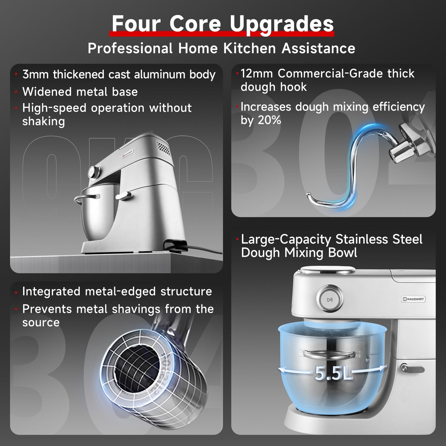Hauswirt 6QT XL stand mixer, LED touch screen, 11 speeds, full metal structure, for dough, cake and bread