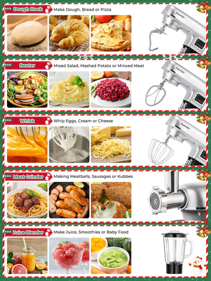 Flyseago 8.5QT 2000W stand mixer, 8-in-1 multifunction, includes meat grinder and attachments, stainless bowl