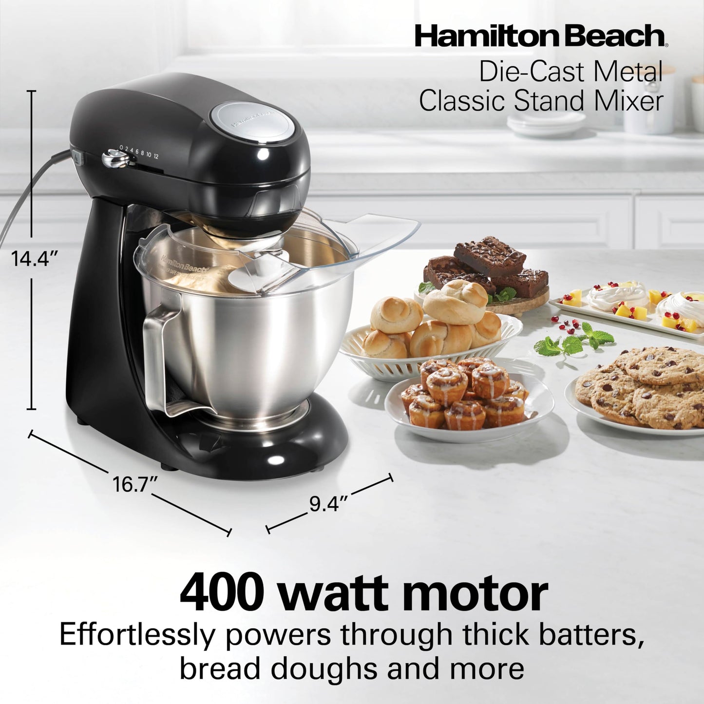 Hamilton Beach 4.5QT stand mixer, 12 speeds, stainless bowl, includes beater, whisk and dough hook, black