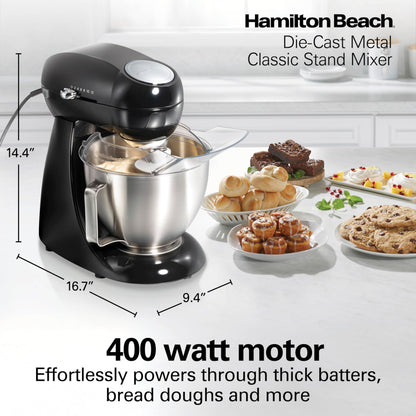 Hamilton Beach 4.5QT stand mixer, 12 speeds, stainless bowl, includes beater, whisk and dough hook, black
