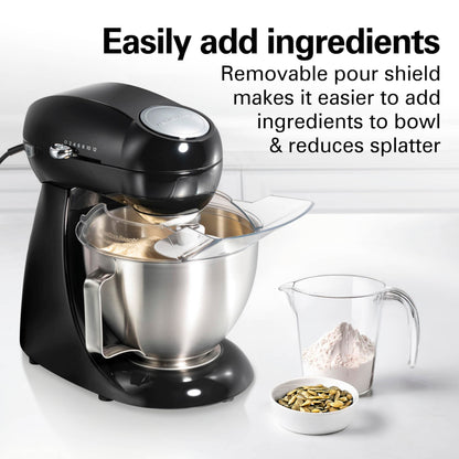 Hamilton Beach 4.5QT stand mixer, 12 speeds, stainless bowl, includes beater, whisk and dough hook, black