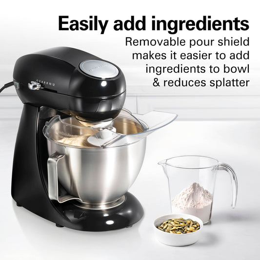 Hamilton Beach 4.5QT stand mixer, 12 speeds, stainless bowl, includes beater, whisk and dough hook, black